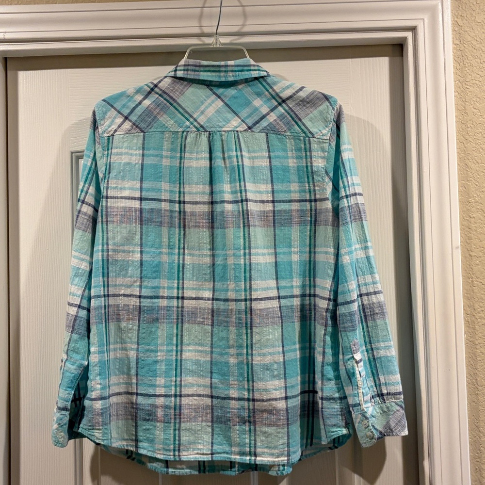 Talbots Petites Light Teal Plaid Button-Up Shirt size LP like new - Picture 4 of 5